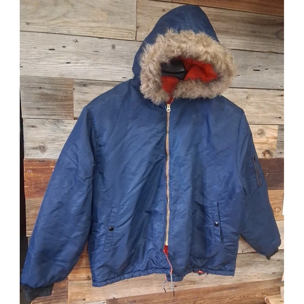VTG Mens Unitog Union Bomber Jacket Fur Hood Mens Large 42R Blue Orange 1960's